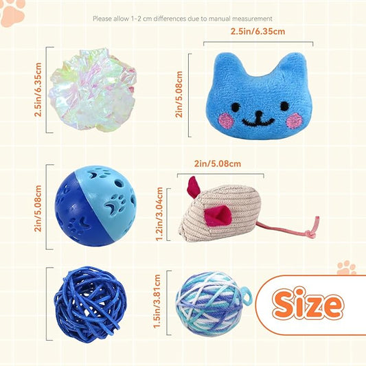 Andiker 6Pcs Cat Toy Pack, Cats Toy Set with Crinkle Balls, Pet Bell Balls, Pet Mouse Toy and Rattan Ball Stimulate Cats Hunting and Chasing Instincts Interactive Kitten Toys for Indoor Cat (Blue)