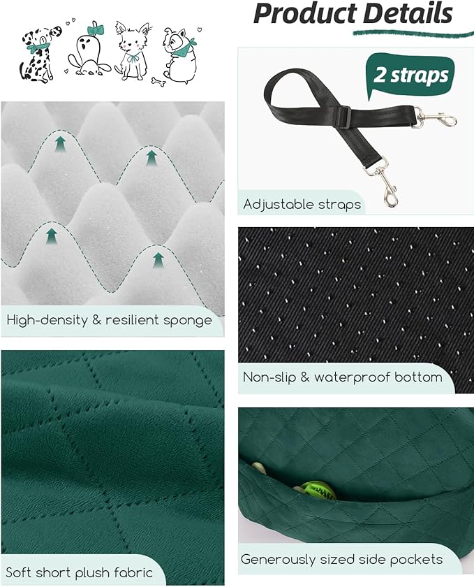 Lealchum Dog Booster Car Seat for Small/Medium Dogs,6in Elevated Cushion,Fully Detachable and Washable,2 Storage Pockets & 3 Straps,Fits in Front/Back Seat,Easy to Install (Green,Medium)