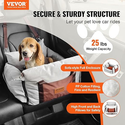 VEVOR Dog Car Seat, Waterproof Dog Booster Seat for Car with Side Handles and a Storage Pocket, Clip-On Safety Leash and PP Cotton Filling, Vehicle Bed for Small Dogs up to 25lbs, Gray
