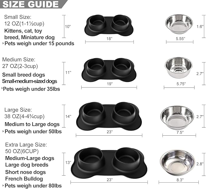 Pet Deluxe Dog Bowls Stainless Steel Dog Food Water Bowl Set with Stand, Feeding Bowls No Spill Non-Skid Silicone Mat, Dog Dishes for Small Medium Large Size Dog Puppy Pet Food Bowls, Black, 4 Cup