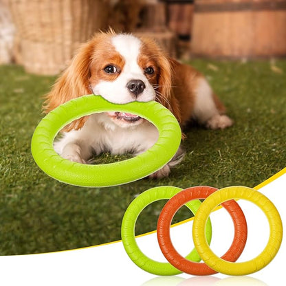 3 Pack Dog Training Rings – Durable EVA Chew Toys for Aggressive Chewers, Floating Fetch & Tug-of-War Toy for Small to Medium Dogs (7-Inch, Green/Orange/Yellow)
