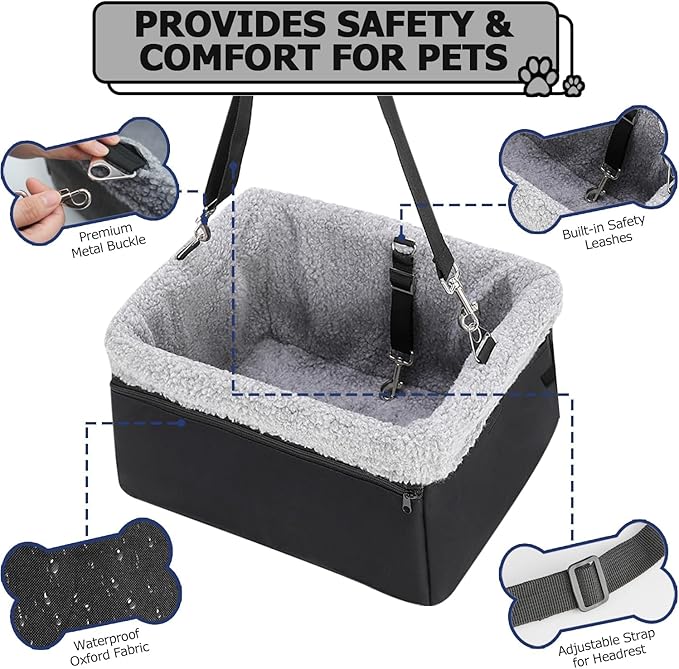 Dog Car Seat for Small Pets Under 20lbs, Booster Seat with Metal Frame, Double-Layer Oxford Fabric, Safety Leash for Dogs and Cats