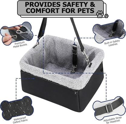 Dog Car Seat for Small Pets Under 20lbs, Booster Seat with Metal Frame, Double-Layer Oxford Fabric, Safety Leash for Dogs and Cats