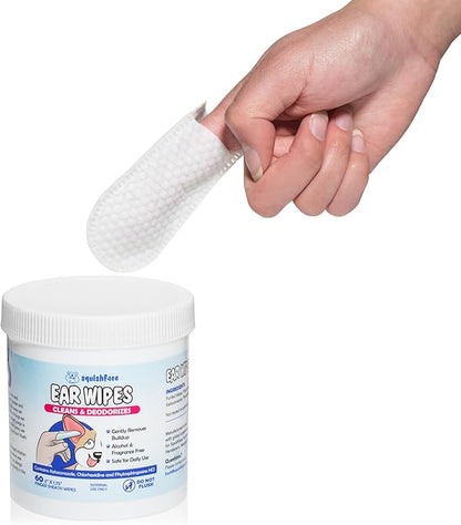 Squishface Dog Ear Relief Individual Finger Sheath Wipes – Non-Allergenic Ingredients & Irritation-Reducing Formula Cleans & Deodorizes, Helps Prevent Ear Itch & Odor – for All Breeds! (60 Count)