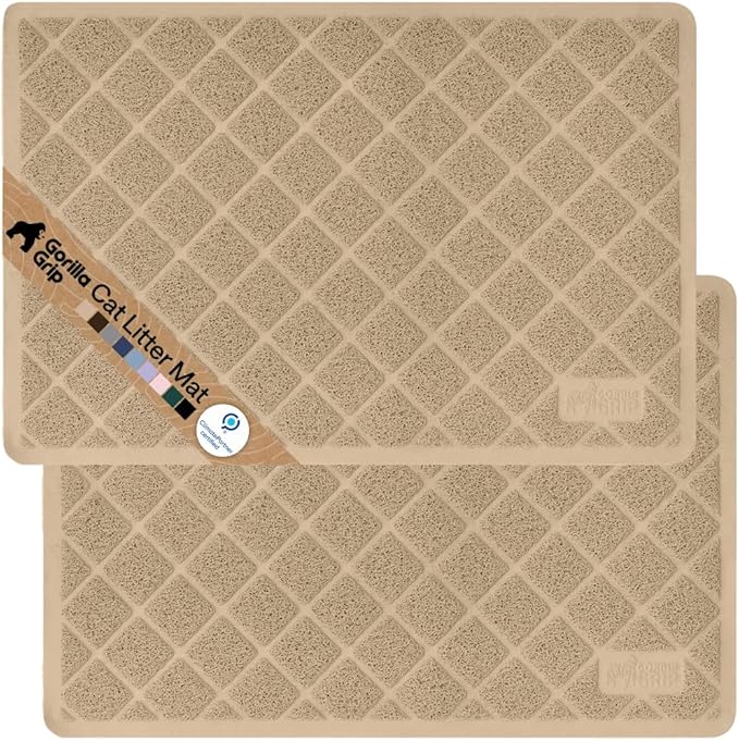 GORILLA GRIP Cat Litter Box Mat, 35x23 2 Pack, Cushioned Coil Mesh Litter Trapping Mats, Scatter Control Supplies for Less Mess, Phthalate Free, Ultra Deep Catch Grooves, Rinse or Vacuum Clean, Beige