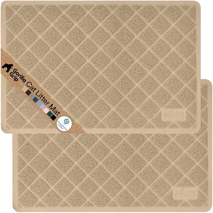 GORILLA GRIP Cat Litter Box Mat, 35x23 2 Pack, Cushioned Coil Mesh Litter Trapping Mats, Scatter Control Supplies for Less Mess, Phthalate Free, Ultra Deep Catch Grooves, Rinse or Vacuum Clean, Beige