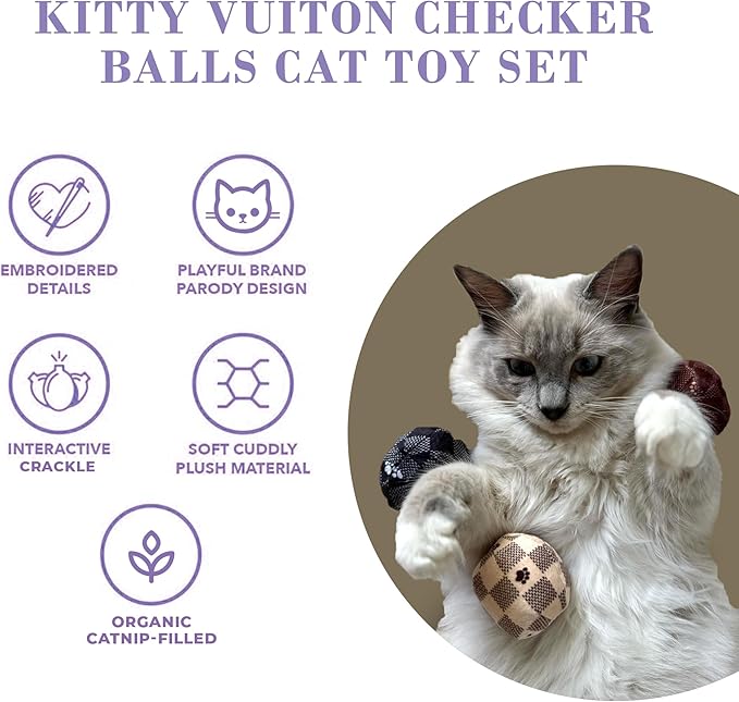 Vuiton Checker Balls Set, Plush Cat Toys Catnip Filled with Interactive Crackle Sound, Safe & Durable Toys for Cat & Kitten, 3 Pcs