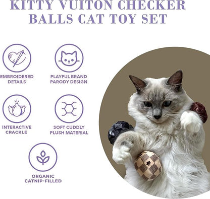 Vuiton Checker Balls Set, Plush Cat Toys Catnip Filled with Interactive Crackle Sound, Safe & Durable Toys for Cat & Kitten, 3 Pcs