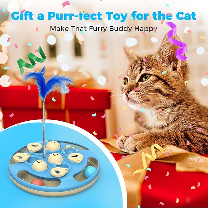 Cat Puzzle Toys Games Level 3 in 1 with Track Balls, Feather Teaser & Treat Feeder | Non-Slip Base | Mental Stimulation Enrichment for Indoor Cats | Kitty Gift, Blue