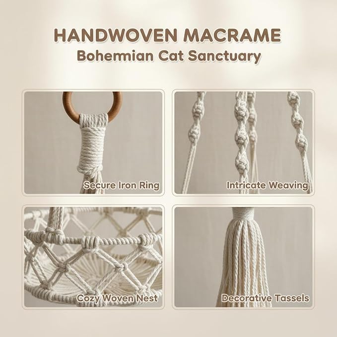 Ceiling Swing Cat Bed, Handwoven Hanging Cat Hammock, Boho Style, with Long-Lasting Cotton Rope and Iron Ring, Safe Half-Wrap Nest for Indoor Decor