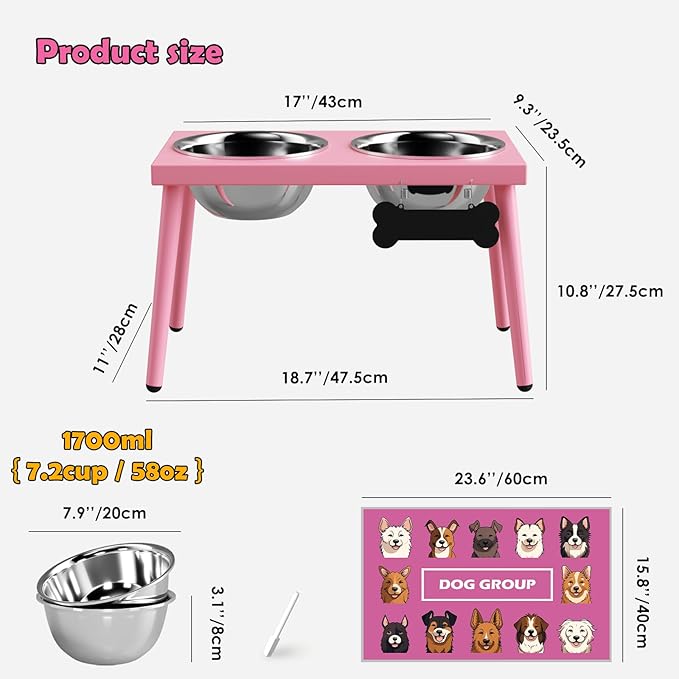 Raised Dog Bowl Stand for Large Medium Dogs, Elevated Dog Bowls with Sprill Proof Mat &Two 58OZ Stainless Steel Bowls,Pink