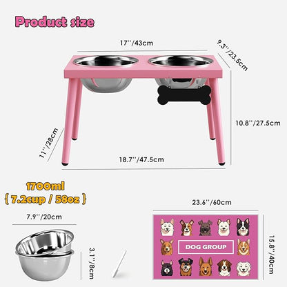 Adjustable Elevated Dog Bowl Stand with Slow Feeder, 2 x 58oz Stainless Steel Bowls, Raised Food and Water Holder for Medium and Large Dogs, Pink