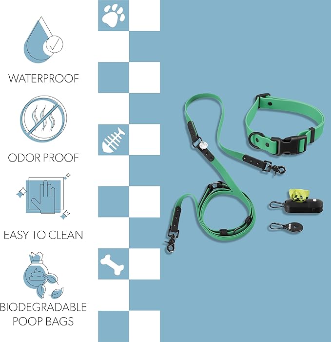 WLK1006K-5SET Luna Large 8FT Adjustable 6-in-1 Waterproof Hands-Free Leash and Collar with LED Flashlight, Bag Dispenser, and Poop Bag Holder, Julep