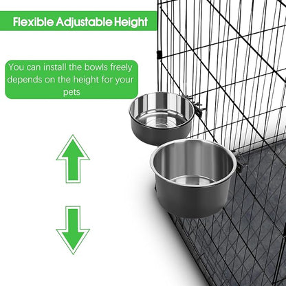 2 Pcs Large Dog Food Water Bowl for Cage with Upgraded Clamp Holder, Black Pet Kennel Hanging Bowls Stainless Steel Non-Spill Detectable Bowls Crate Feeder Dish for Large Dogs (7x3.7''& 6.3x2.5'')
