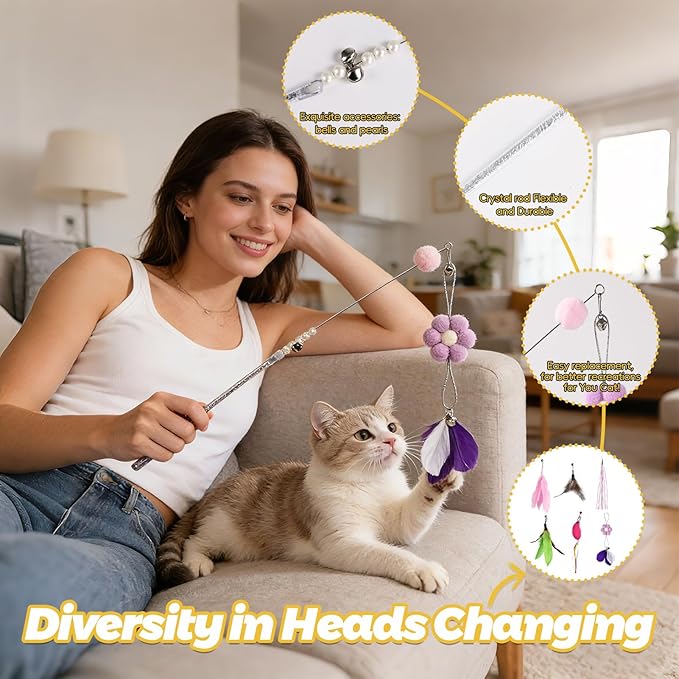 4-in-1 Interactive Cat Toy Wand, Bird Chirping Sound Cat Teaser with Bouncy Ball and Feather Attachments, 2 Play Modes for Bored Indoor Adult Cats Self Play Exercise