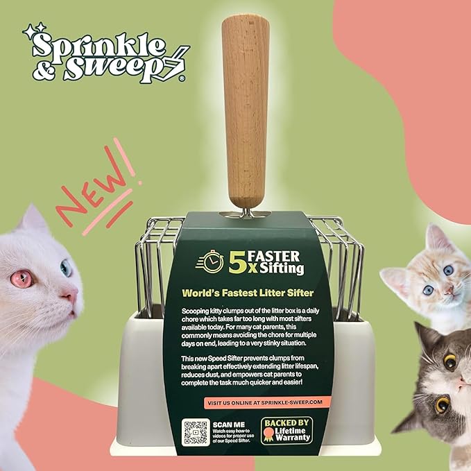 Sprinkle & Sweep: Litter Box Speed Shifter - Metal Scoop, Comfortable Wood Grip, Washable Stand, Easy & Efficient Cleaning, Cat & Pet Maintenance