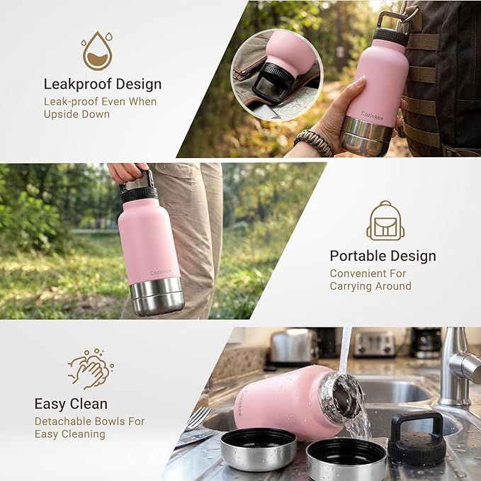3-in-1 Dog Water Bottle Portable, 32oz Insulated Stainless Steel Pet Water Dispenser with 2 Detachable Travel Dog Bowls for Water & Food, Leak-Proof Puppy Water Bottle for Hiking, Walking (Pink)