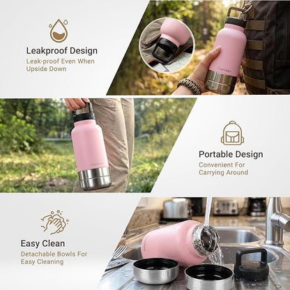 3-in-1 Dog Water Bottle Portable, 32oz Insulated Stainless Steel Pet Water Dispenser with 2 Detachable Travel Dog Bowls for Water & Food, Leak-Proof Puppy Water Bottle for Hiking, Walking (Pink)