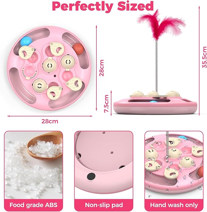 Cat Puzzle Toys Games Level 3 in 1 with Track Balls, Feather Teaser & Treat Feeder | Non-Slip Base | Mental Stimulation Enrichment for Indoor Cats | Kitty Gift, Pink