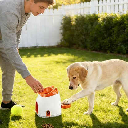 Dog Ball Thrower Interactive Toy - Automatic Machine | 12x10x8 Inches Device with Treat Dispenser, Body with Adjustable Launch Distance, Pet Exercise Toy for Apartment, Living Room, Home