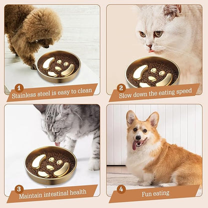 Golden Stainless Steel Slow Feeder Dog Bowls – Non-Slip Metal Dog Bowl for Large & Medium Breeds, Puppy Puzzle Feeder – 2 Cup Capacity for Small to Big Pets – Durable Slow Feed Dog & Cat Food Dish