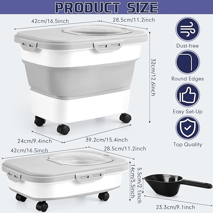 Juexica Collapsible Cat Litter Storage Bin Container with Rolling Casters, 20 Lbs Portable Cat Litter Storage Container with Airtight Lids, Shovel, Kitchen Cereal Rice Leakproof Sealable(Grey, White)