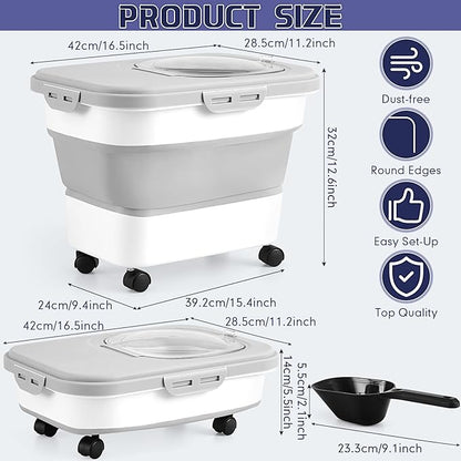 Juexica Collapsible Cat Litter Storage Bin Container with Rolling Casters, 20 Lbs Portable Cat Litter Storage Container with Airtight Lids, Shovel, Kitchen Cereal Rice Leakproof Sealable(Grey, White)