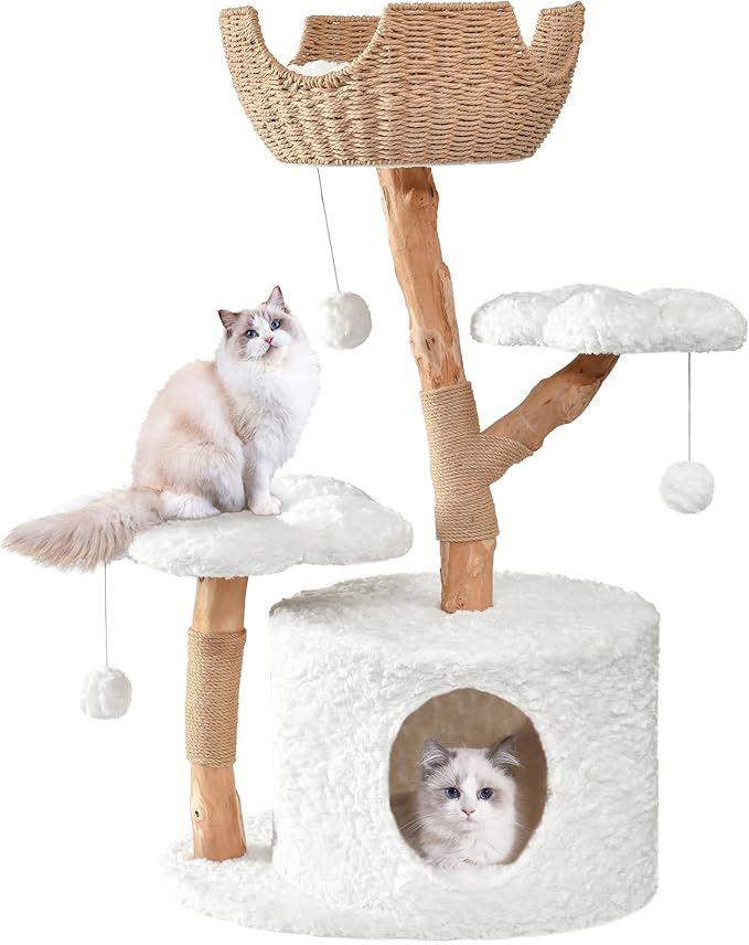 Easyego Modern Cat Tree, 40.5" Aesthetic Wood Cat Tree Tower for Large Cats, Luxury Cat Condo with Scratching Posts and Flower Platforms, Cat Furniture, White