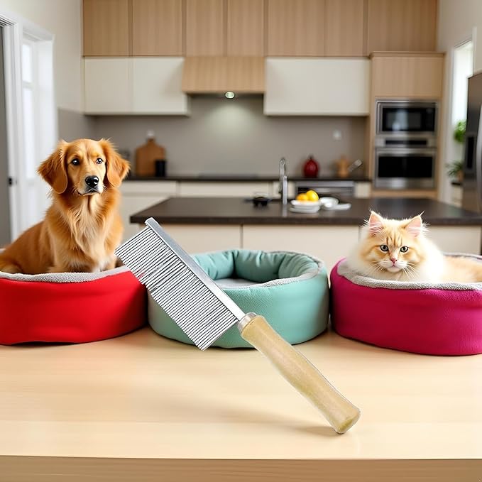 Professional Pet Grooming Comb, Stainless Steel Pin Teeth with Wooden Handle for Long Haired Dogs, Cats, Matted Fur Removal