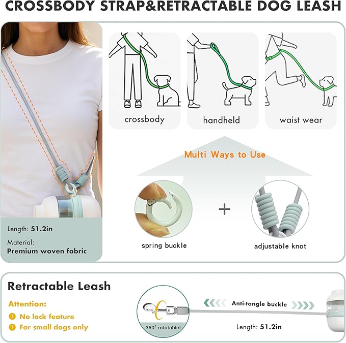 Dog Water Bottle Portable with Hands Free Leash, 3 in 1 Dog Water Bottles for Walking with Crossbody Strap, Retractable Leash & Treat Poop Bag Dispenser for Small Dogs Travel Hiking(Off-White)