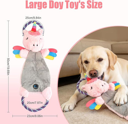 Interactive Squeaky Dog Chew Toy, Tough Plush Dog Toys for Chewers, Small, Medium & Large Dogs, Plush with Double Rope Handles for Tug of War, Mess-Free, Pink