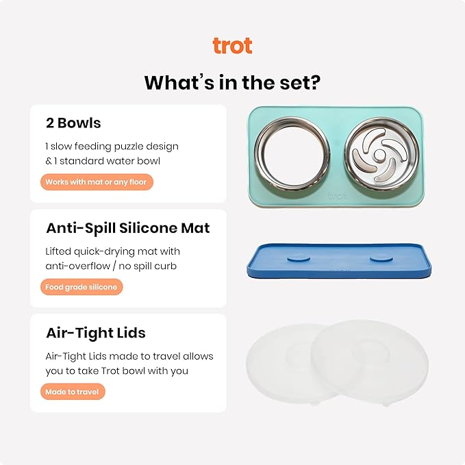 Trot Pets Premium Dog Bowls | Stainless Steel Bowl Set for Small, Medium, or Large Dogs | Non-Slip Food and & Water Slow Feeder | Durable, BPA-Free, Anti-Skid, Dishwasher Safe (Sky, Medium)