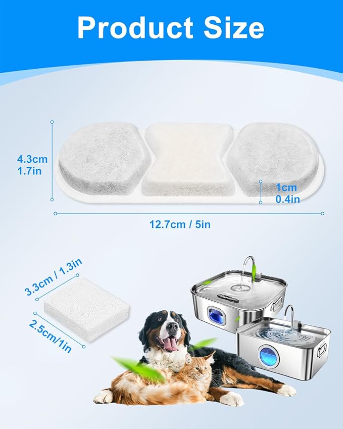 12 Pack Replacement Filter & 12 Pre- Sponges Dog Water Fountain Filters Fit for WF120 Large Dog Water Bowl Dispenser 410oz/3.2Gal/12L Automatic Pet Fountain Water Dispenser Stainless Steel