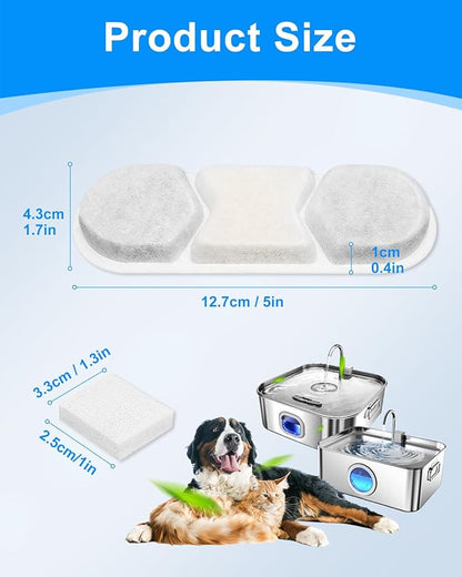 12 Pack Replacement Filter & 12 Pre- Sponges Dog Water Fountain Filters Fit for WF120 Large Dog Water Bowl Dispenser 410oz/3.2Gal/12L Automatic Pet Fountain Water Dispenser Stainless Steel