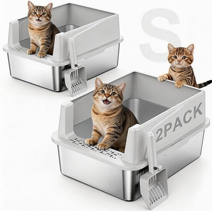 FURTIME 2 Pack Stainless Steel Cat Litter Box with Lid, Metal Kitty Litter Box for Small Cats, Kitten Litter Boxs with Non-Sticky, Anti-Leakage, Easy to Clean, 17"x13"x8.4" (Small)