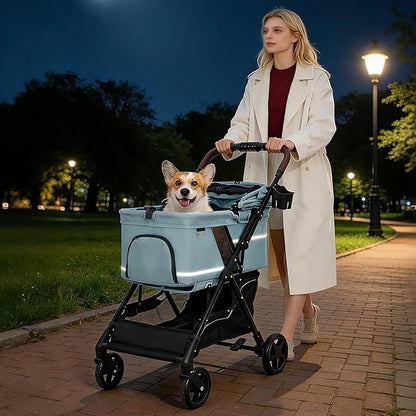 NO-Zip Pet Stroller for Small Dogs & Cats, Lightweight Dog Stroller with Reflective Safety Strips, One-Hand Fold, Claw-Proof Mesh, Breathable Travel Carriage, 33lbs Capacity, Light Blue