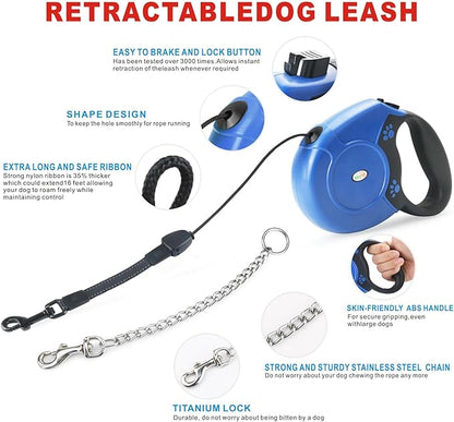 Idepet Heavy Duty Retractable Dog Leash for Small and Medium Dogs, Anti-Chewing Steel Chain Design,360 DegreeTangle-Free,Break and Lock System,26ft Leash Dog Walking (Blue, Round Rope)