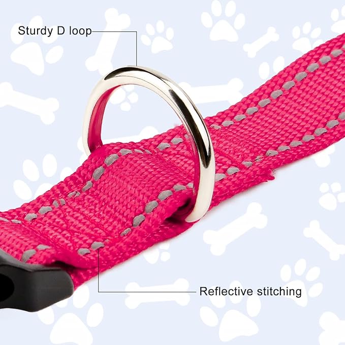 FunTags Reflective Dog Collar, Sturdy Nylon Collars for Puppy and Extra Small Girl and Boy Dogs, Adjustable Dog Collar with Quick Release Buckle,Pink,3/8" Width