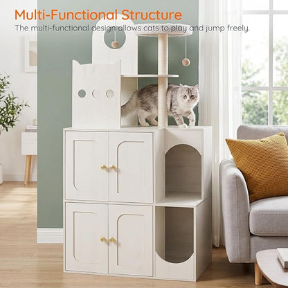 HOOBRO Cat Litter Box Enclosure Furniture for 2 Cats, 2 in 1 Hidden Litter Box Furniture with Sisal Scratching Posts and Dangling Balls, Double Litter Box Cabinet with Cat Tree, Indoor Cat House White