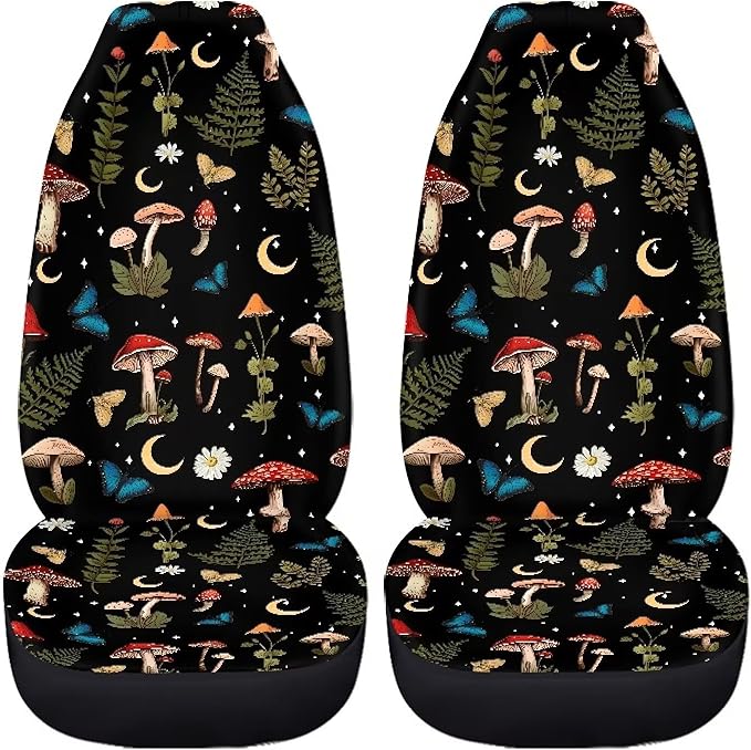 Mushroom Daisy Print Car Seat Covers Front Seats Only Set for Women Men, Easy Install Clean Universal Car Interior Covers Seat Protectors