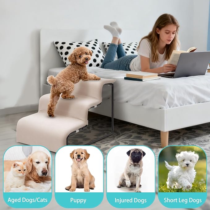 Dog Stairs for Small Dogs 15.4" H,3-Step Pet Bed Stairs for Dogs to Get On Bed,Dog Steps for High Bed Couch Non-Slip Pet Ramp for Puppy Older Cat