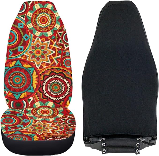 Dreaweet Boho Seat Covers for Cars Vintage Mandala Floral Pattern Car Front Seat Cover Washable Universal 2 Piece Bucket Seat Covers for Carseat Protection