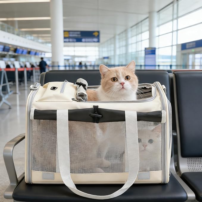 Pet Carrier Bag for Cats & Small Dogs, Airline Approved Travel Cat Carrier with Mesh Windows, Shoulder Strap & Removable Mat, Foldable Design for Home & Outdoor Trips (Grey)