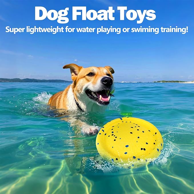 Floating Dog Toys –E-TPU Water Pool Fetching Toy with Rope for Small Medium Large Pet, Ring and Plate Shape Indestructible Interactive Dog Chew Toys for Summer Outdoor Training Fun (Blue+Yellow)