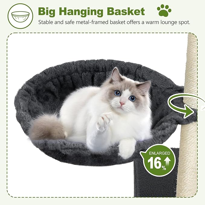 Small Cat Tree Tower for Indoor Cats, 40 In Medium Multi-Level Compact Cat House Bed with 2 Condos, Large Platform Perch, Sisal Scratching Post, Hammock, Cat Climbing Stand for Kitty kitten(Dark Grey)