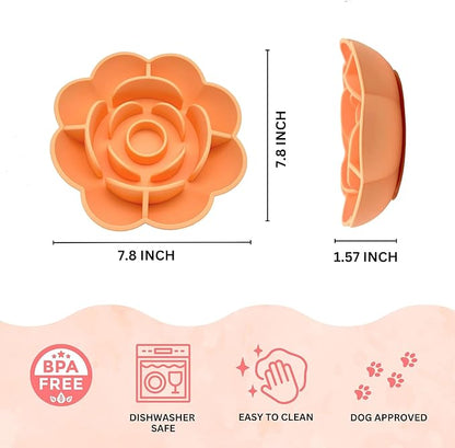 Rose Slow Feeder Dog Bowl for Medium & Large Dogs, Silicone Anti-Gulping Dog Feeder with Suction Base, Non-Slip Slow Eating Design (Orange)