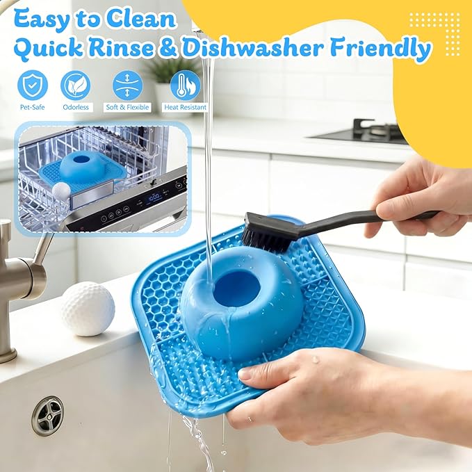 PetsHome Slow Feeder Dog Bowls & Lick Mat for Liquid and Thick Treat, Anti-Slip Dog Lick Bowl with Interactive Rolling Ball, 5/6 Cup Pup Licking Toy for Large Medium Small Dogs and Cats Blue