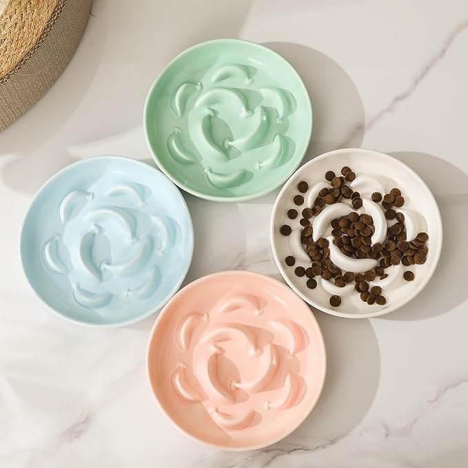Cat Slow Feeder Bowl Set - 2-Pack Ceramic Cat Dishes for Slow Eating - Whisker-Friendly Cute Maze Bowls for Dry & Wet Food - Microwave & Dishwasher Safe - White and Green