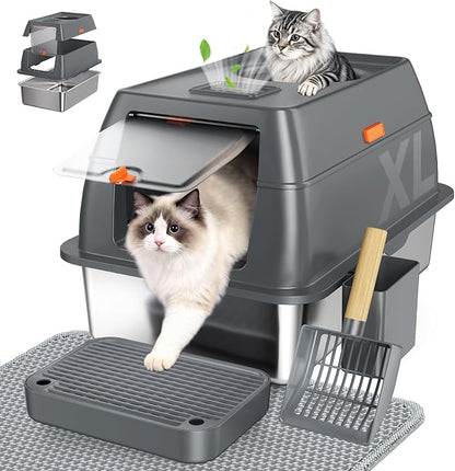 Extra Large Stainless Steel Litter Box with Lid, High Sided Enclosed Metal Cat Litter Pan, Dog Proof Front Entry Top Exit, Odor Control Easy Clean Leak Proof, Includes Mat, Scoop & Step, Grey