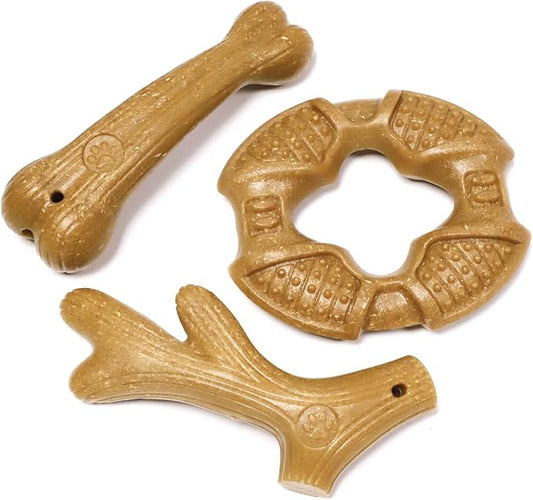 Dog Chew Toys for Aggressive Chewers, 3 Pack Nylon & Wood Teething Bone Toy Set with Chicken Flavor, Durable Tough Bones Chewing Toys for Small & Medium Dogs